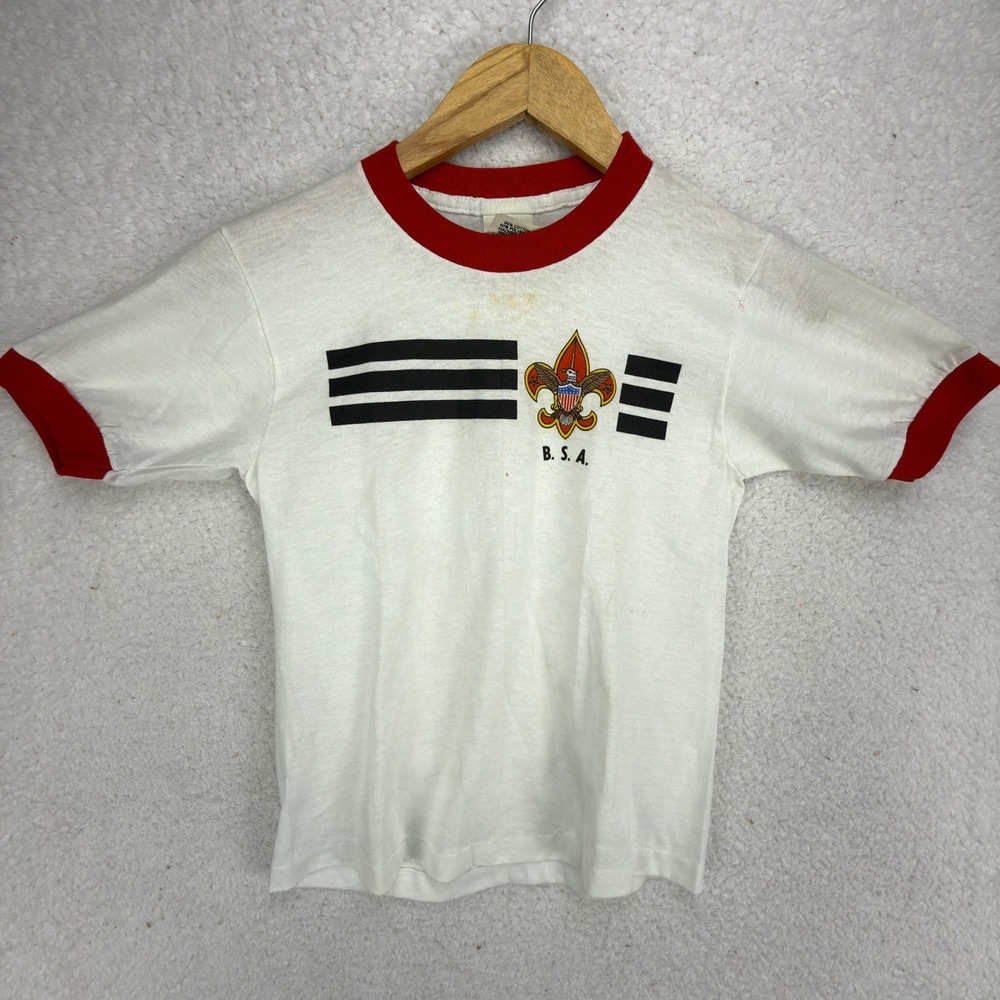 Vintage Boy Scouts of America BSA Ringer T-Shirt White Red Kids Medium 10-12 USA